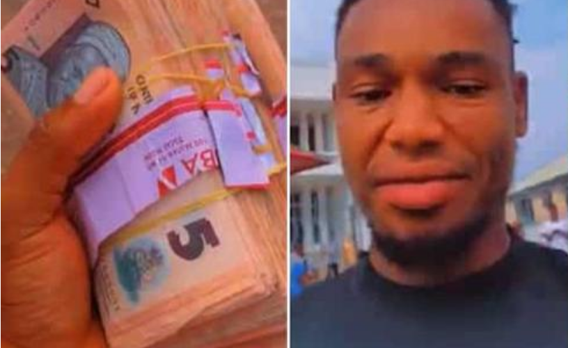 Man cries out after receiving 8 bundles of N5 notes from Nigerian bank