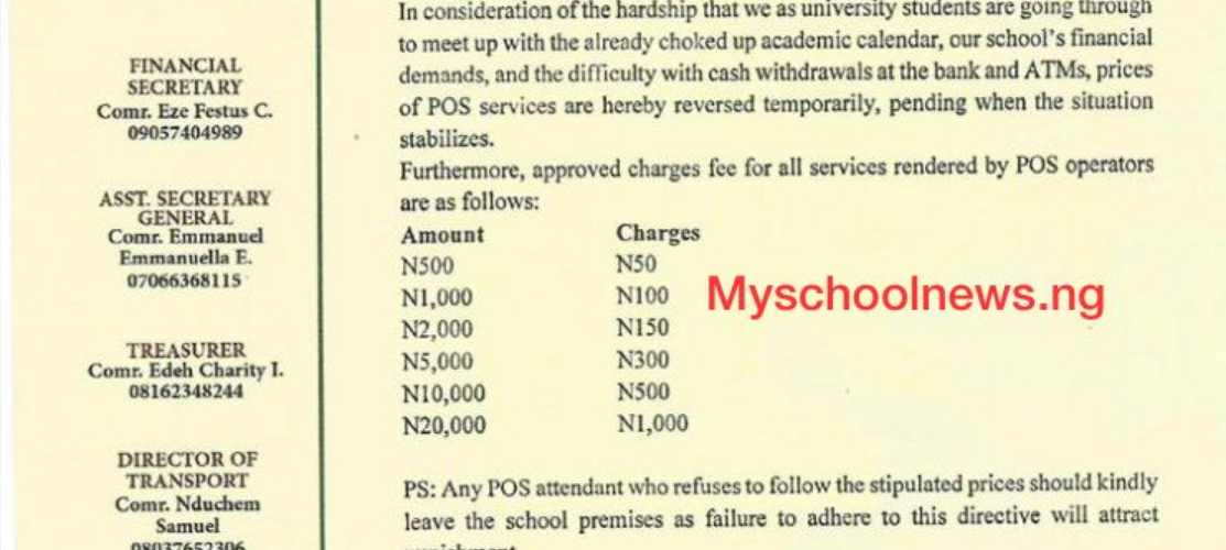 UNN SUG Threatens To Close Down POS Operators Charging Exorbitant Fees (Photo)