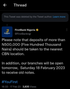 First Bank Deletes Tweet Asking Citizens To Bring Their ₦‎1,000, ₦‎500 Notes