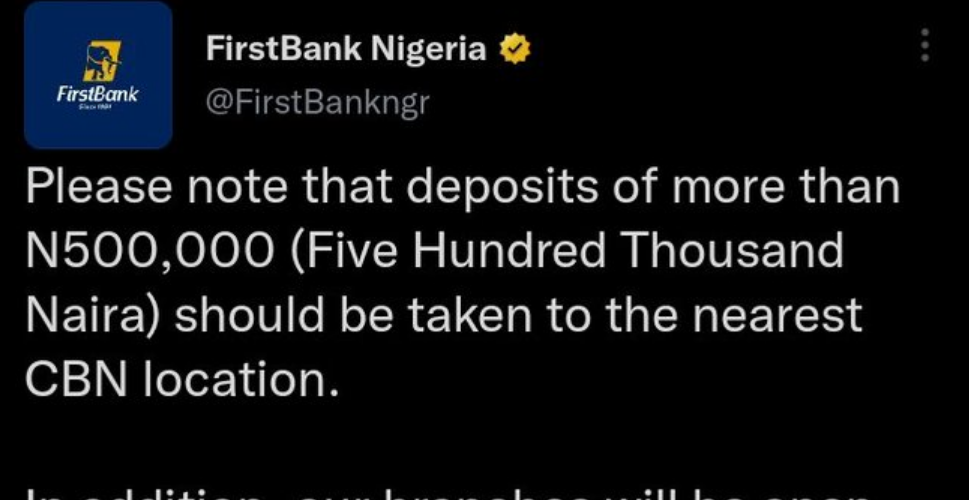 First Bank Deletes Tweet Asking Citizens To Bring Their ₦‎1,000, ₦‎500 Notes